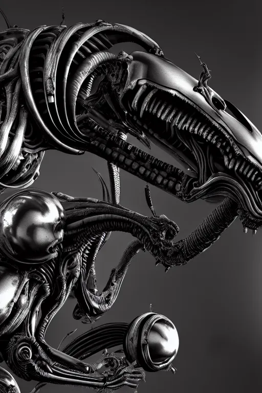 Prompt: detailed intricate biomechanical xenomorphic artifact on display, black and burnished silver, cinematic render, dynamic lighting