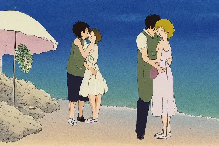 Image similar to a man hugging his beautiful wife by the beach, studio ghibli