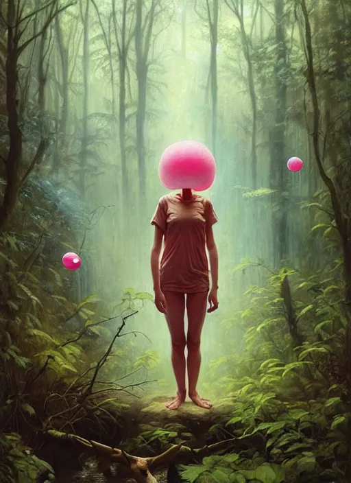 Image similar to bubblegum in the woods by a stream, river gorgeous lighting, lush forest foliage blue sky a hyper realistic painting by chiara bautista and beksinski and norman rockwell and greg rutkowski, tom bagshaw weta studio, and lucasfilm