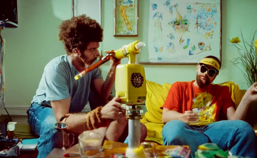 Image similar to spongebob smoking out of a bong in a very 60's hippy style apartment, 35mm,Epic,cinematic