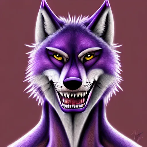 Prompt: digital art of an anthropomorphic muscular purple wolf, furry style, wearing jeans, deviant art, professional furry drawing, insanely detailed, artistic design, hyper detailed wolf - like face, doing a pose from jojo's bizarre adventure, detailed veiny muscles, exaggerated features, beautiful shading, huge spikey teeth, grinning, detailed face, colorful background