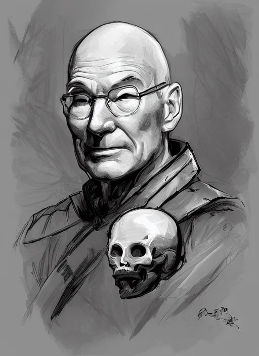 Prompt: Sir Patrick Stewart playing Shakespeare and holding a skull, elegant, digital painting, concept art, smooth, sharp focus, illustration, from StarCraft by Ruan Jia and Mandy Jurgens and Artgerm and William-Adolphe Bouguerea