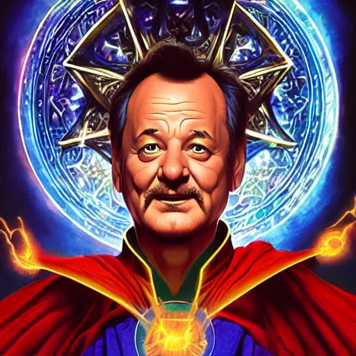 Prompt: portrait of bill murray is doctor strange by tim hildebrandt and alex horley, robes, magic sparkles, detailed, glowing runes, artstation, character design, painting, dungeons and dragons