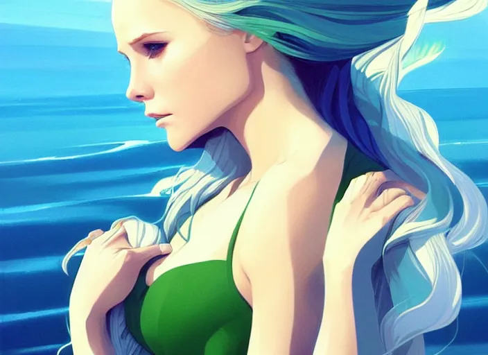 Image similar to style artgerm, joshua middleton, beautiful kristen bell with green dress, very long blue hair, symmetrical face, symmetrical eyes, water powers water swirling, detailed, beach setting, cinematic lighting