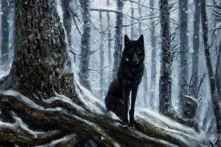 Prompt: a black wolf, standing on top of a fallen tree, winter forest, fantasy, greg rutkowski, cinematic, extremely detailed, dramatic lighting