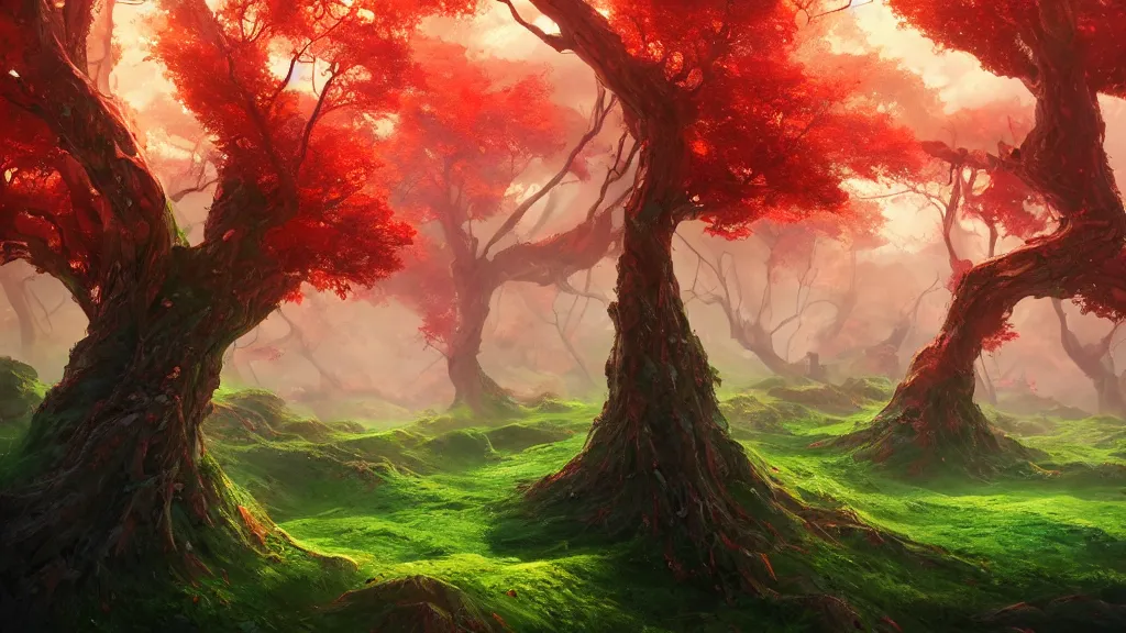 Prompt: giant red tree overarching green plains, view from the ground, waves of energy, by sylvain sarrailh, rossdraws, ambient light, ultra detailed, fantasy artwork, 8 k, volumetric lighting, trending on artstation, award winning, very beautiful.