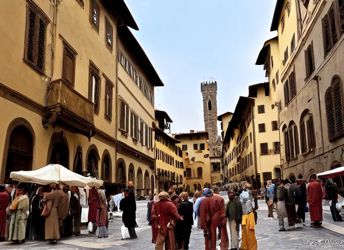 Image similar to street scene from a 2 0 1 0 film set in 1 4 5 0 showing florence italy