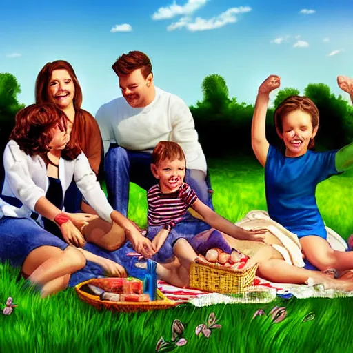 Image similar to happy family on picnic digital art hyperrealistic hyperrealism