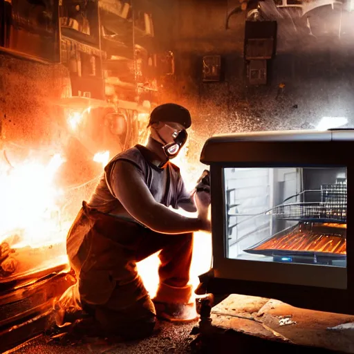 Image similar to cyborg toaster oven repairman, dark messy smoke - filled cluttered workshop, dark, dramatic lighting, orange tint, sparks, plasma rays, cinematic, highly detailed, sci - fi, futuristic, movie still