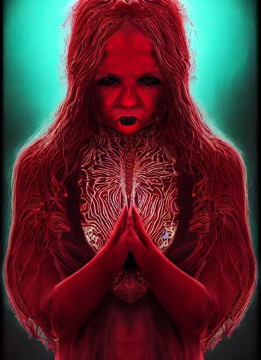 Image similar to dramatic dark red matte portrait painting of woman with black mandelbrot fractal instead of face, horror, body horror, dark art, 4 k, detailed, realistic, psychotic, insane, crazy, mental illness, dramatic,