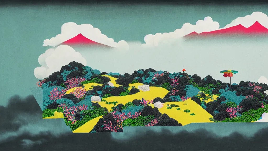 Image similar to dramatic landscape of okinawa prefecture, japan, a collage painting, in the style of wes anderson, lola dupre, okuda, david hockney, isolated on negative white space background dark monochrome neon fluorescent spraypaint accents volumetric octane render