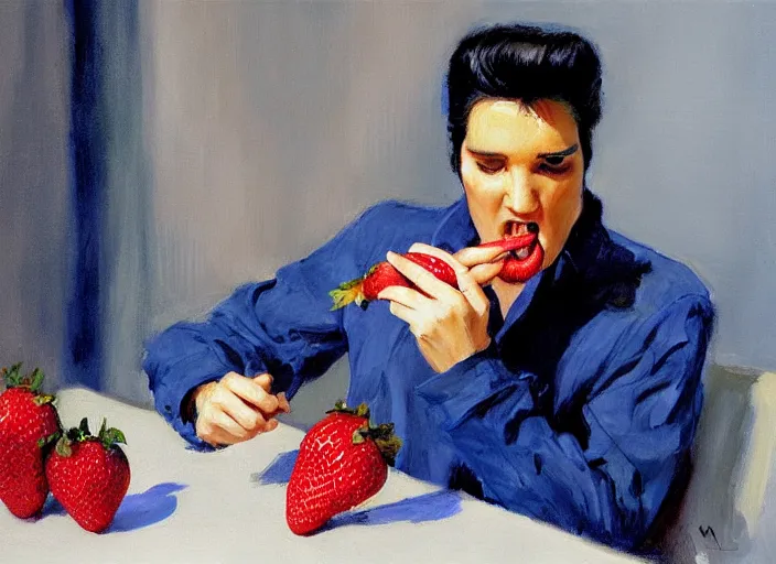 Image similar to a highly detailed beautiful portrait of elvis presley eating an strawberry, by gregory manchess, james gurney, james jean