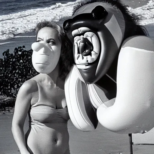 Prompt: 1981 woman on tv show wearing a squishy inflatable prosthetic mask long stick nose, soft color wearing a swimsuit at the beach 1981 color film 16mm holding a an inflatable animal Fellini John Waters Russ Meyer Doris Wishman old photo
