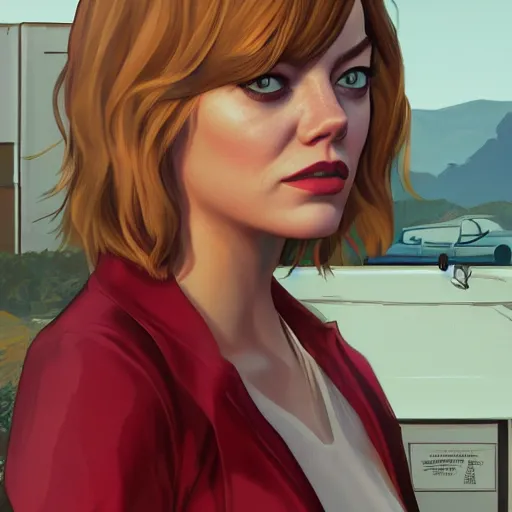 Image similar to emma stone in gta v, cover art by stephen bliss, artstation, no text