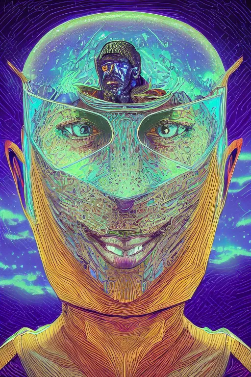 Image similar to portrait of jewel djinn explorer in the style of Rob Lefield and Dan Mumford , trending on artstation, digital art,surrealism ,macro,blueprint ,vaporwave ,