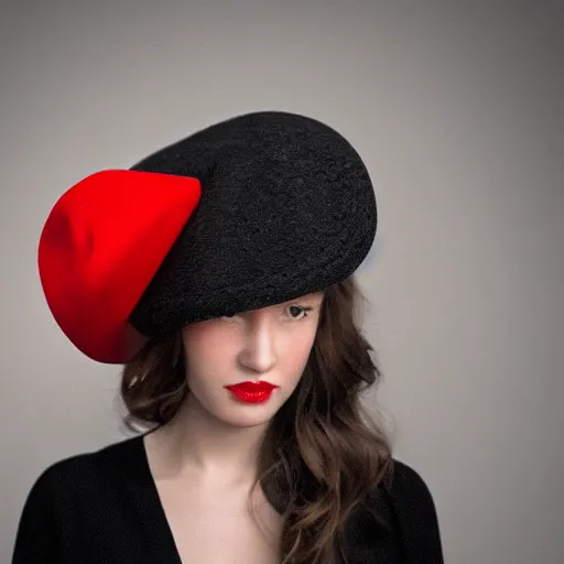 Image similar to fine art portrait photography half - length portrait of stunning girl in a red hat and black dress, kodak portra 4 0 0, 8 k, soft light, volumetric lighting, highly detailed,,