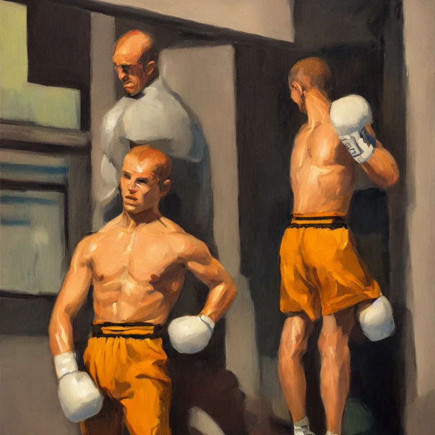 Image similar to a portrait of of boxing man, in the style of edward hopper, in the style of max ginsburg, realism, very small brushstrokes, cinematic lighting, moody, very aesthetic, 4 k,