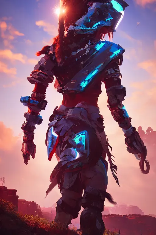 Image similar to combination suit armor aloy horizon forbidden west horizon zero dawn radiating a glowing aura global illumination ray tracing hdr fanart arstation by ian pesty and alena aenami artworks in 4 k tribal robot ninja mask helmet backpack