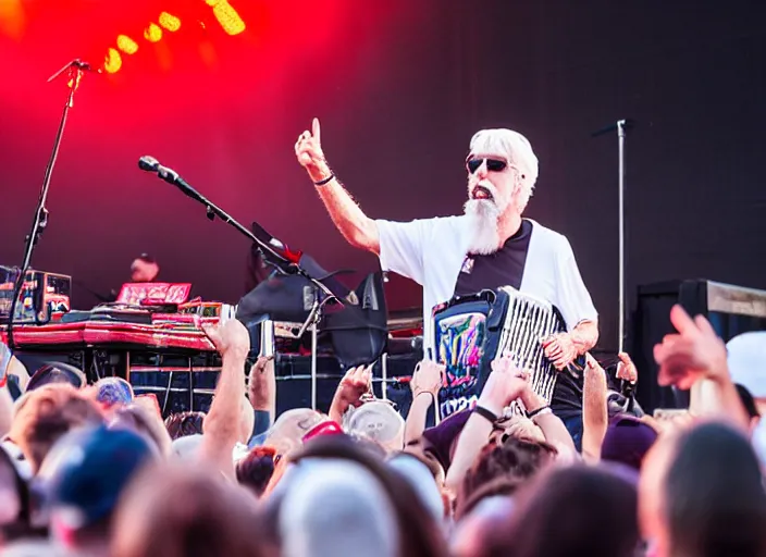 Prompt: photo still of michael mcdonald on stage at vans warped tour!!!!!!!! at age 3 8 years old 3 8 years of age!!!!!!! throwing a keytar into the crowd, 8 k, 8 5 mm f 1. 8, studio lighting, rim light, right side key light