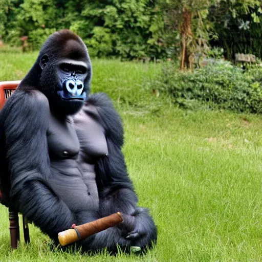 Prompt: a gorilla wearing a suit sitting on a chair smoking a cigar