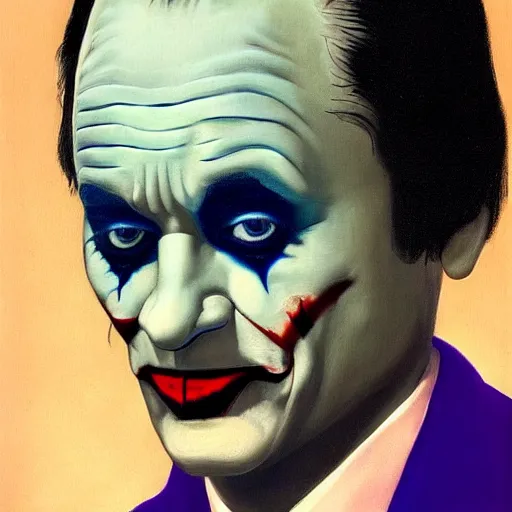 Image similar to Bill Murray as the Joker by Raphael, Hopper, and Rene Magritte. detailed, romantic, enchanting, trending on artstation.