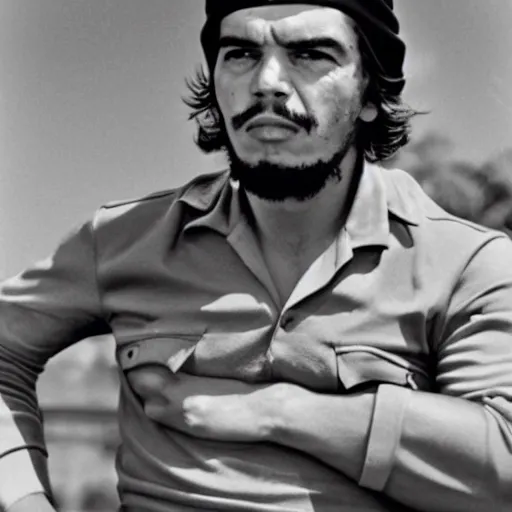 Prompt: Che Guevara in a tracksuit standing, paparazzi candid photo
