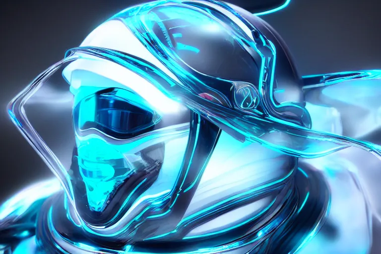 Prompt: futuristic fluid aquamarine cyber helmet visor, intricate, glowing, eyecandy, colorful, 3 d, octane render, photorealistic, modern, warp, gi joe style,