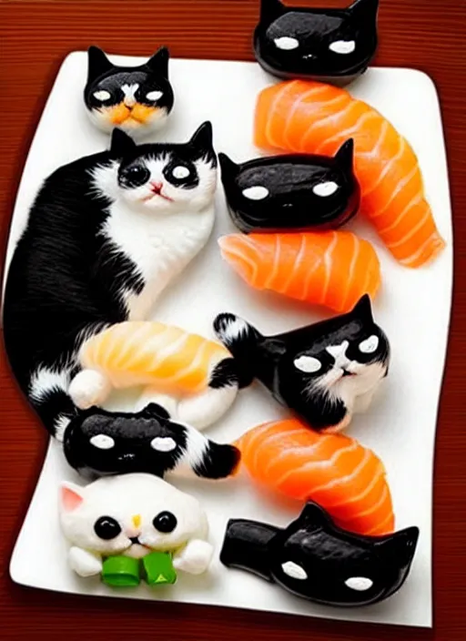 Image similar to clear photorealistic picture of adorable cats made out of sushi