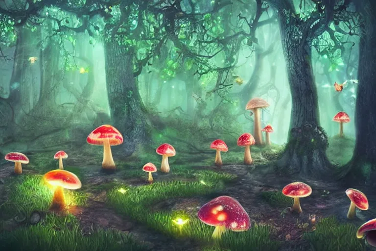 Prompt: An enchanted forest, it is nighttime, there are glowing mushrooms, there are flying fairies, fantasy-style, photorealistic.