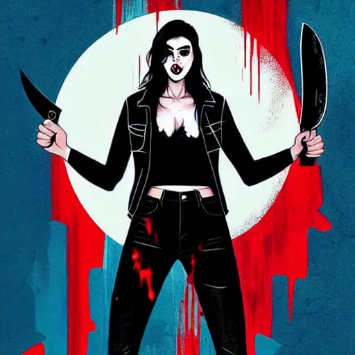 Prompt: Rafael Albuquerque comic cover art, loish, artgerm, pretty female Alison Brie serial killer holding bloody knife, blood on clothes and face, sarcastic smile, symmetrical eyes, symmetrical face, full body, jean jacket, jeans, short blonde hair, middle shot, highly saturated, deep blacks