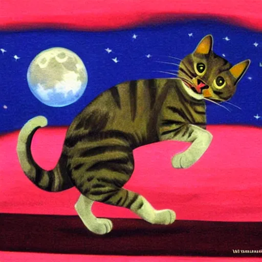 Image similar to a cat dancing flamenco on the moon