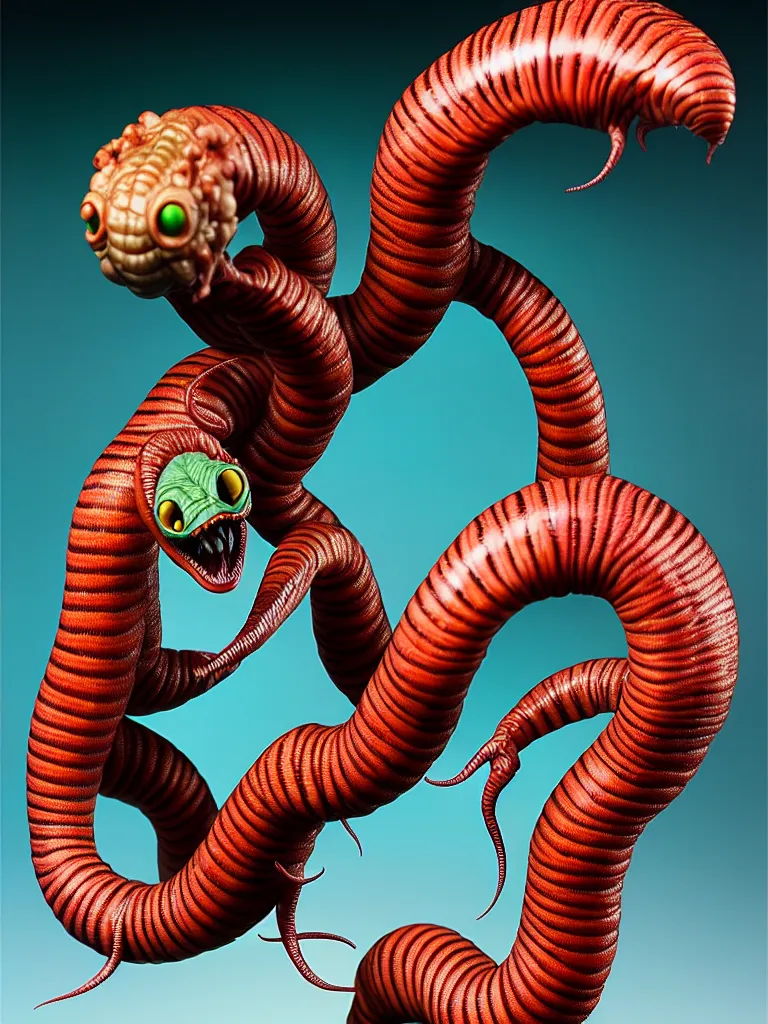 Prompt: hyperrealistic rendering, earthworm by bernie wrightson and killian eng and joe fenton, product photography, action figure, sofubi, studio lighting, colored gels, colored background