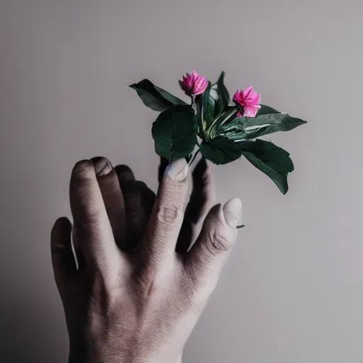 Prompt: A hand with too many fingers holding a plastic flower with a long stem, award-winning photo, DSLR color