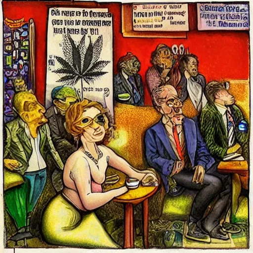 Prompt: the cannabis legalization movement in australia started with customers demanding it in their local cafes, by ernst fuchs colored and remastered in 3 d by pixar