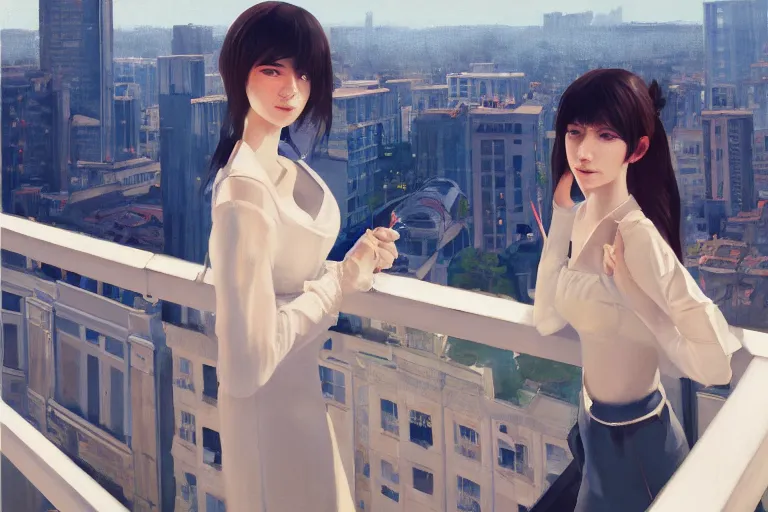 Image similar to A ultradetailed beautiful portrait panting of a stylish woman standing on a balcony overlooking the city, Oil painting, by Ilya Kuvshinov, Greg Rutkowski and Makoto Shinkai