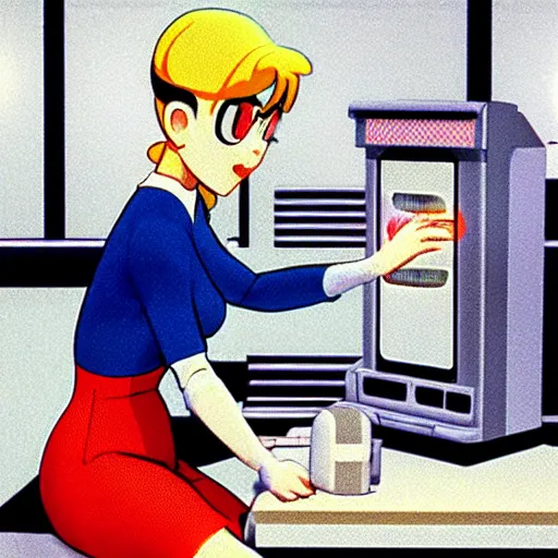 Image similar to pixar - style rendering of : roll is repairing computers in dr. light's laboratory. roll is a cute female ball - jointed robot ( inspired by osamu tezuka ) who has blonde hair with bangs and a ponytail tied with a green ribbon. she is wearing a red one - piece dress with a white collar, and red boots.