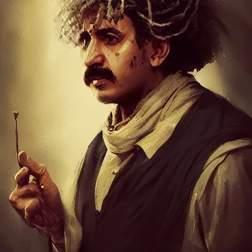 Image similar to a portrait of a Kurdish Albert Einstein in Kurdish clothes by Greg Rutkowski, digital art, horror, chiaroscuro, trending on artstation, anime arts, featured on Pixiv, HD, 8K, highly detailed, good lighting, beautiful, epic, masterpiece