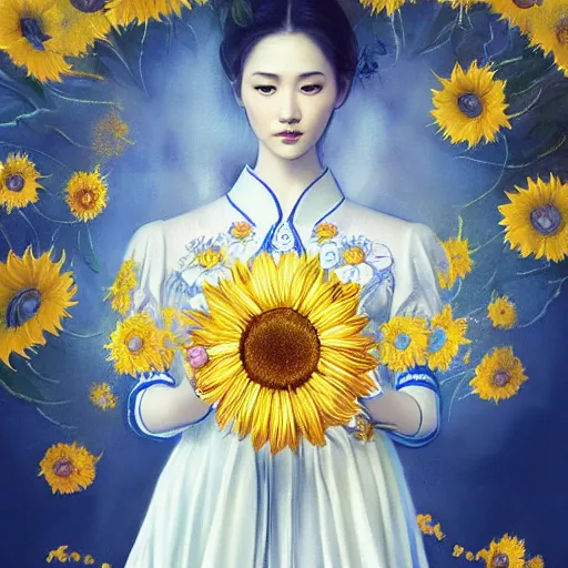 Image similar to taiwanese lady in white embroidered shirt, ukrainian national costume, filigree crown with blue and yellow textile embroidery sunflowers, intricate, elegant, digital painting, art nouveau, smooth, focus, rim light, charlie bowater, tom bagshaw, greg rutkowski