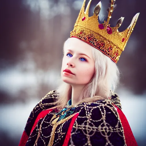 Image similar to portrait photograph of a very beautiful nordic queen with ornate cloak, bokeh, graflex camera, macro 25mm