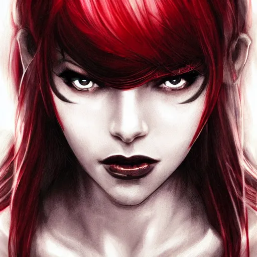 Image similar to princess of darkness, style of artgerm comic, red, piercing eyes, long glowing black and white hair, waterhouse, character art, headshot, matte