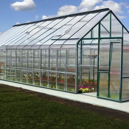 Prompt: This greenhouse is designed to take full advantage of natural sunlight with its south-facing wall of glass. The frame is made of aluminum to provide durability and strength, while the walls and roof are made of polycarbonate panels to allow in maximum light. The floor is made of concrete to provide a sturdy foundation, and the shelves are made of wire to allow for easy drainage. Concept art, architect drawing, concept place, concept, storyboard