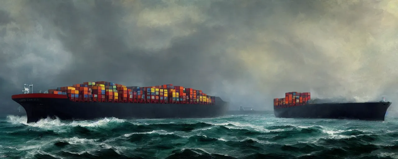 Prompt: paintifng of container ship containership colossus near misty black cliffs over steamy water by repin, matte painting, detailed, amazing, 4k resolution
