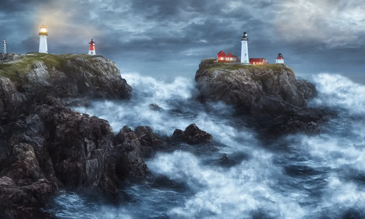 Prompt: Three lighthouses on dramatic rocky cliff, bright lighthouse beacons, large waves hitting the cliff, small nordic mythical town in the background, dark stormy clouds, dawn, fantasy, cinematic, dramatic lighting, photorealistic, unreal engine, artstation, detailed, 4k