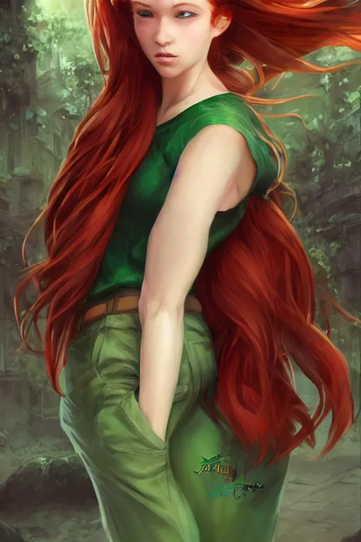 Image similar to beautiful cute red haired joyful and playful 1 9 year old maiden standing up in casual green clothing, long hair, modern city, rpg character, sci - fi, fantasy, intricate, elegant, digital painting, artstation, concept art, smooth, 8 k frostbite 3 engine, ultra detailed, art by artgerm and greg rutkowski and magali villeneuve