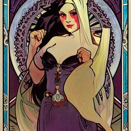 Image similar to female occult detective, painted by alphonse mucha