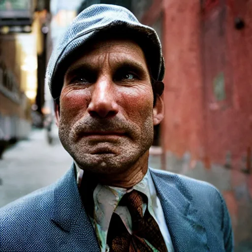 Prompt: closeup portrait of a snake oil salesman in a smoky new york back street, photograph, magazine, press, photo, Steve McCurry and David Lazar