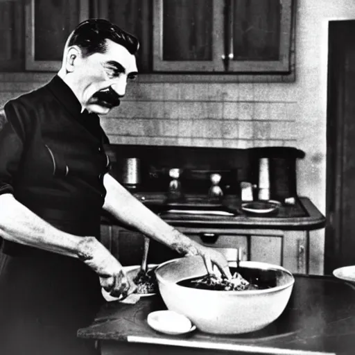 Prompt: Beautiful Food photography of Joseph Stalin Joseph Stalin in the kitchen making Gulash