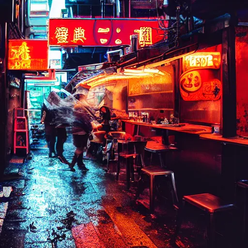 Image similar to a street noodle bar in an alley in the rainy city of london in the year 2 3 0 0, a steaming bowl of ramen sitting on the table against the rainy background of neon signs, cyberpunk, futuristic, grungy, film grain, polaroid photograph