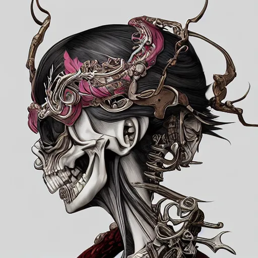 Prompt: anime manga skull profile young woman skeleton, elf, biker, unreal engine, intricate, elegant, highly detailed, digital art, art by JC Leyendecker and sachin teng