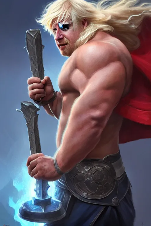 Prompt: Boris Johnson as Thor with Hammer, masculine bodybuilder figure, highly detailed, digital painting, artstation, concept art, smooth, sharp focus, illustration, cinematic lighting, art by artgerm and greg rutkowski and alphonse mucha